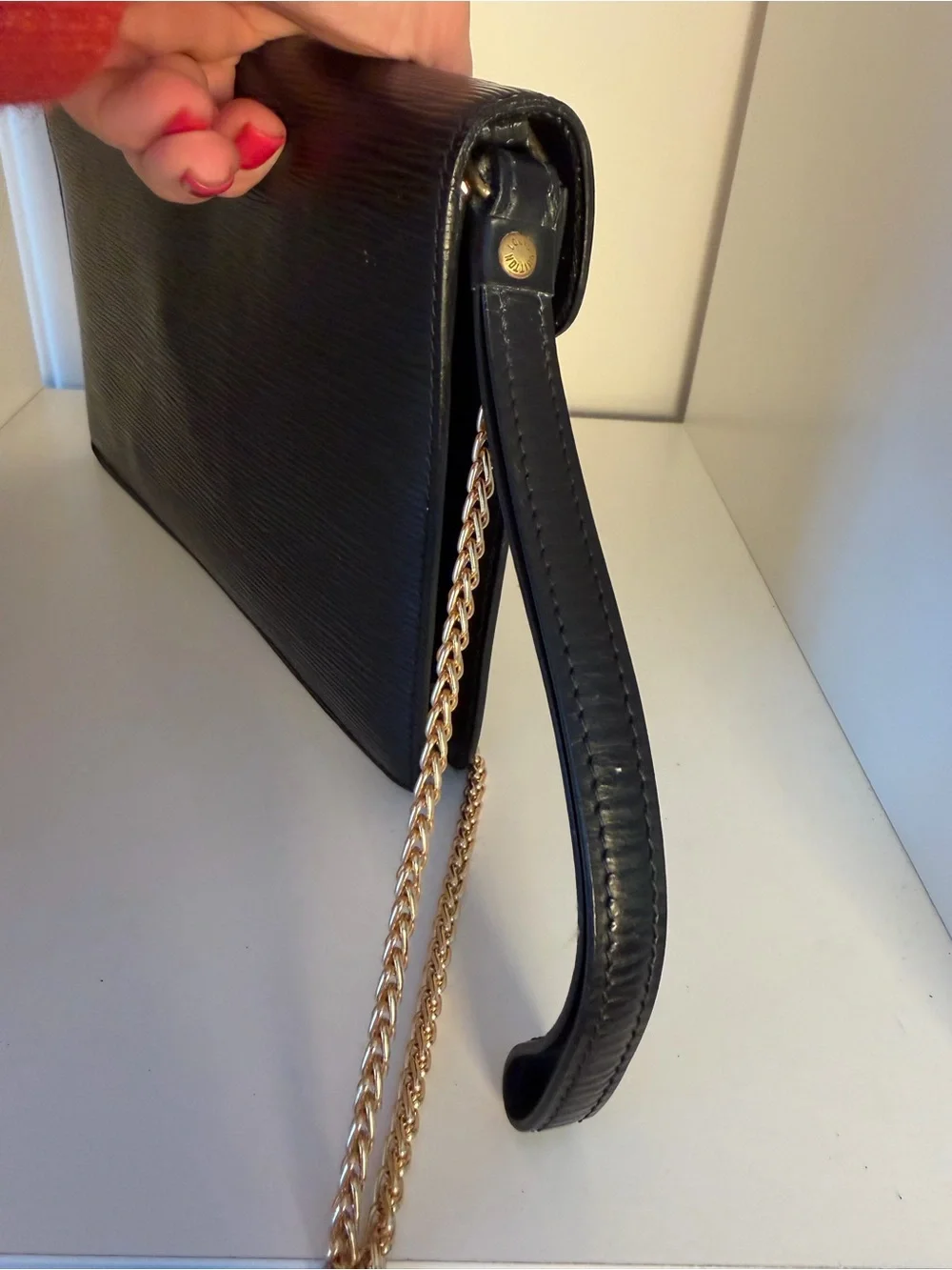 Louis Vuitton Black Epi Leather Clutch with Gold Chain